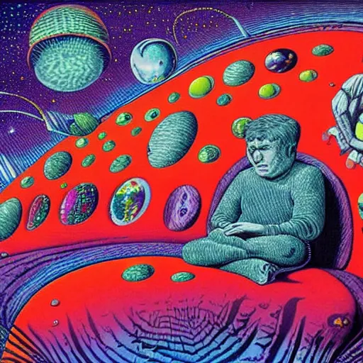 Image similar to psychedelic trippy couch in space, planets, milky way, sofa, cartoon by rob gonsalves and gustav dore