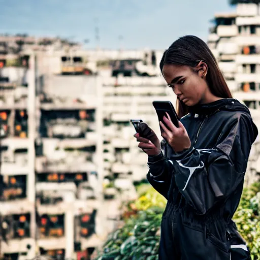 Prompt: candid photographic portrait of a poor techwear mixed young woman using a phone inside a dystopian city, closeup, beautiful garden terraces in the background, sigma 85mm f/1.4, 4k, depth of field, high resolution, 4k, 8k, hd, full color