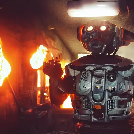 Prompt: cyborg with toaster oven chest, dark messy smoke - filled cluttered workshop, dark, dramatic lighting, orange tint, sparks, cinematic, highly detailed, sci - fi, futuristic, movie still