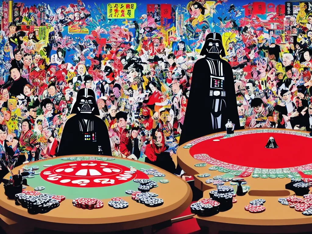 Image similar to hyper - realistic composition of a large room with an extremely detailed poker table in the center, woman in traditional japanese kimono standing nearby, darth vader sitting at the table, fireworks in the background, pop art style, jackie tsai style, andy warhol style, acrylic on canvas, dull palette