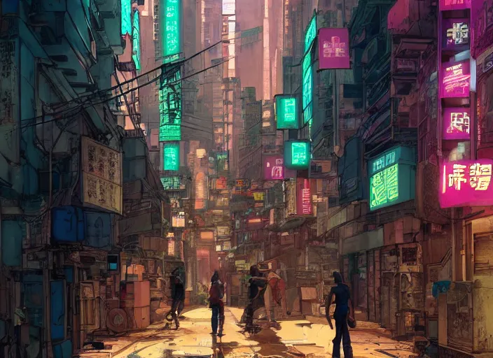 Image similar to a cyberpunk hong kong alley with robots and humans walking around by moebius, pixar color palette, clear details, street level