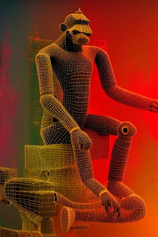 Prompt: high quality 3 d render colorful deconstructed cyborg! hanuman sitting, gold madhubani, highly detailed, cyberpunk!! mumbai in the background, vray cinematic smooth, blade runner, moody light, low angle, uhd 8 k, sharp focus