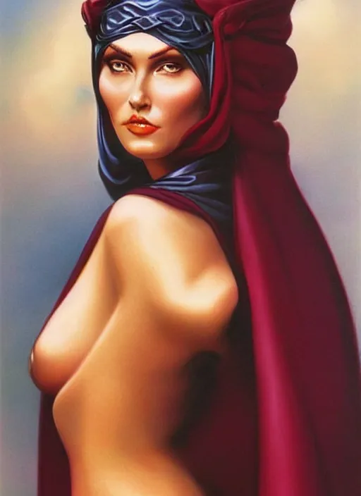 Prompt: portrait of plump norse goddess of the moon, maroon and black robe and veil, strong line, deep color, beautiful! coherent! by boris vallejo