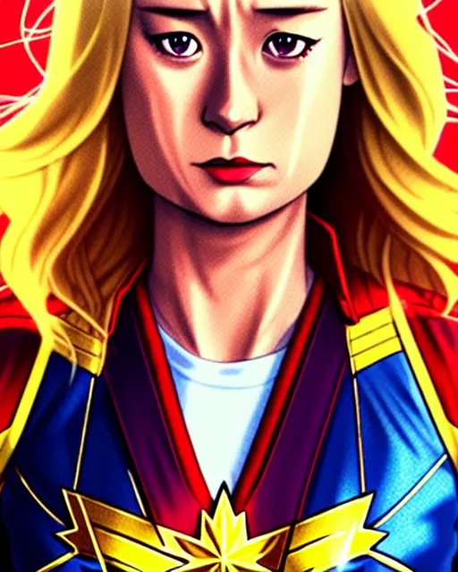 Image similar to Anime as Brie Larson playing Captain Marvel || cute-fine-face, pretty face, realistic shaded Perfect face, fine details. Anime. realistic shaded lighting poster by Ilya Kuvshinov katsuhiro otomo ghost-in-the-shell, magali villeneuve, artgerm, Jeremy Lipkin and Michael Garmash and Rob Rey as Captain Marvel in New York cute smile