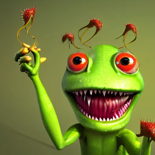 Image similar to cute anthropomorphic venus flytrap carniverous plant creature with many leaf arms and vine legs and big eyes and big teeth detailed character concept 3 d pixar style render 4 k