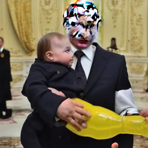 Image similar to vladimir putin giving a bottle shaped like a missile to a baby with the face of zelensky in his arms