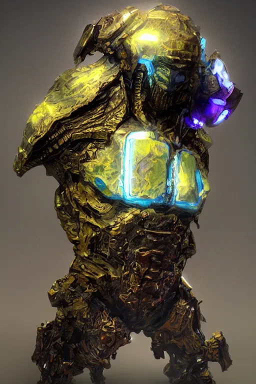 Prompt: electric metal stone titan painted by frank wu and peter lloyd, trending on artstation, rembrandt lighting front view iridescent colors, chalk art, macro, magic realism, manierism