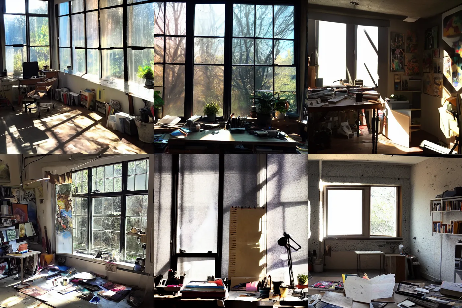 Prompt: cluttered art studio, large window, volumetric sunlight dappled shadows.