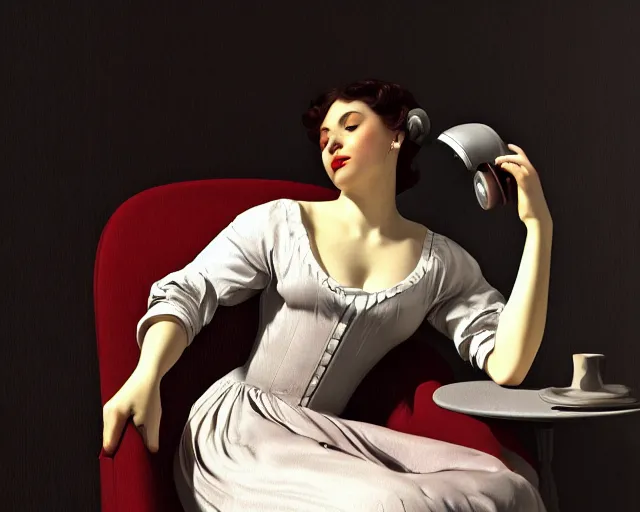 Image similar to beautiful vintage woman sitting in a loveseat using a rotary phone, cinematic lighting, caravaggio, artstation