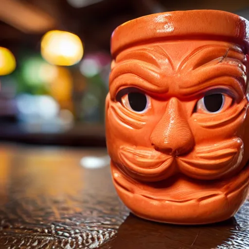 Prompt: a closeup photorealistic photograph of an orange cat garfield style tiki mug at a trader vic's bar featuring garfield's face. tiki theme. bright scene. fine detail. this 4 k hd image is trending on artstation, featured on behance, well - rendered, extra crisp, features intricate detail, epic composition and the style of unreal engine.