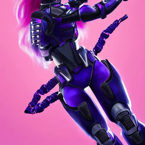 Image similar to a award winning action upper body portrait of a beautiful woman with a ombre purple pink hairstyle with head in motion and hair flying while wearing futuristic navy blue bodyarmor and pauldrons, outrun, vaporware, highly detailed, fine detail, intricate