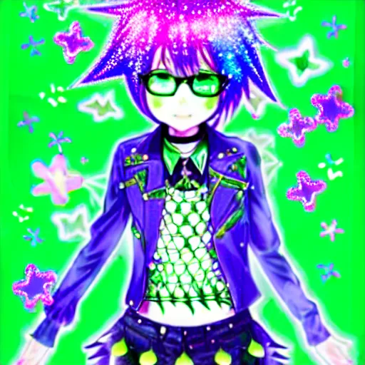 Image similar to a hologram of decora styled green haired yotsuba koiwai wearing a gothic spiked jacket, background full of lucky clovers and shinning stars, holography, irridescent, baroque visual kei decora art