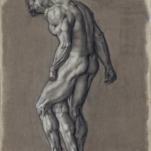 Prompt: Chalk drawing study of a man, musculature, Michelangelo, 17th-century, spontaneous linework, academic pose, highly masterful, detailed