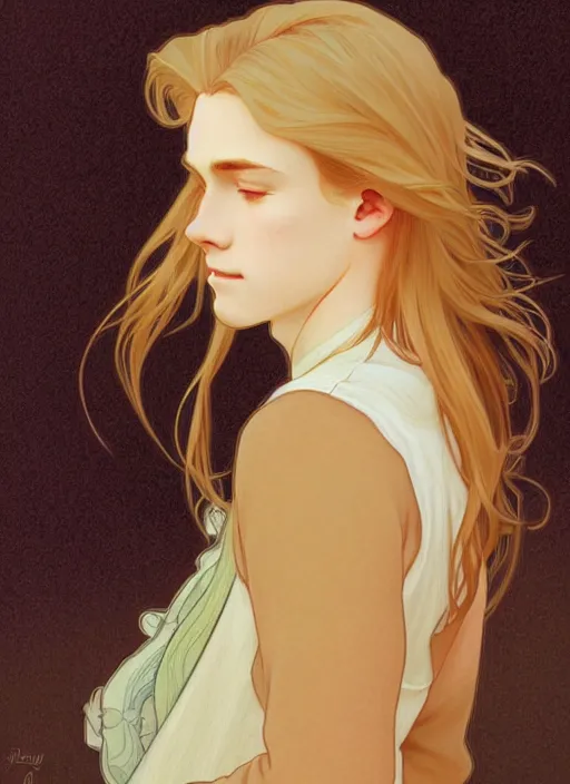 Image similar to pretty young man with shoulder length shiny shimmering golden blond hair, head down, demure, shy, path traced, highly detailed, high quality, digital painting, by studio ghibli and alphonse mucha, leesha hannigan, disney