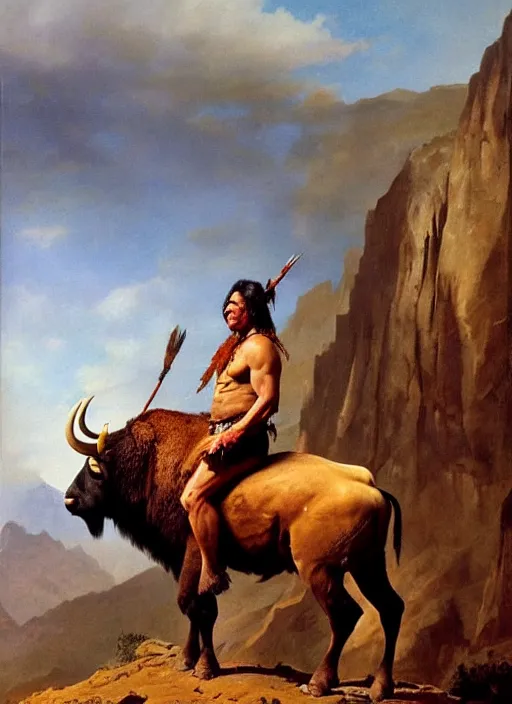 Image similar to willem dafoe as a native american riding bison, buffalo, native american warrior, mountain range, beautiful sky, standing on the edge of a cliff, 1 9 th century, painted by frazetta