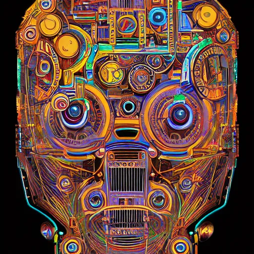 Image similar to hyperdetailed portrait of a multicolored spaced out steampunk robot head, 8 k, symetrical, halluzinogenic, meditative, vector art, black background