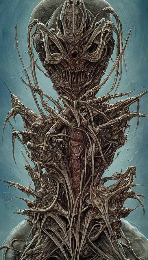 Image similar to Elden Ring and Guyver themed painting of symmetrical torso alien dissection anatomy with crossed hands concept, intricate artwork by H.R. Giger, Johnatan Wayshak, Zdizslaw Beksinski, Ayami Kojima, Amano, Karol Bak, Moebius, and Mark Brooks, Neo-Gothic, gothic, rich deep colors, art by Takato Yamamoto, masterpiece, face by Artgerm, very coherent artwork, cinematic, hyper realism, high detail, octane render, unreal engine, 8k, High contrast, golden ratio, trending on cgsociety