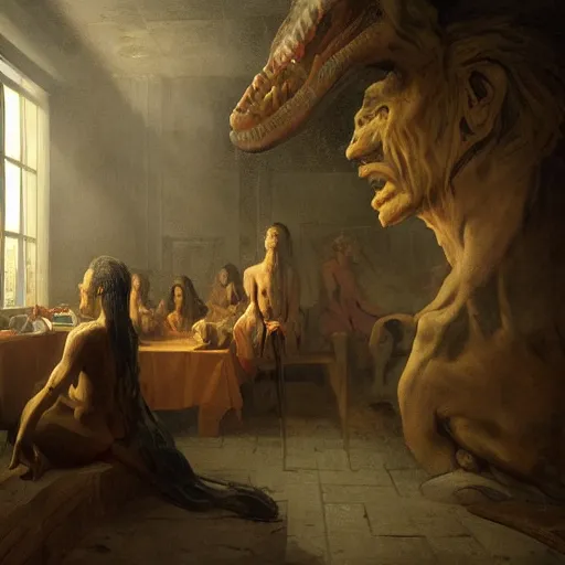 Image similar to isolation chamber of the prehistoric creators, in the style of David Geddes, Élisabeth Vigée Le Brun, dramatic lighting, establishing shot, detailed and clear beautiful realistic faces, 8k resolution – W 1024