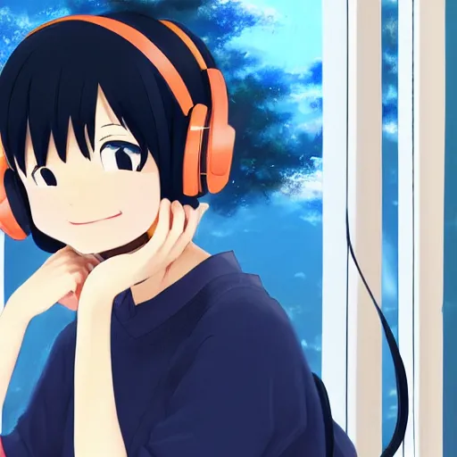 Image similar to Anime painting of a black haired girl wearing headphones while studying in her warm cozy home, behind her a cold window, by makoto shinkai, relaxed, calm, trending on artstation, kimi no na wa