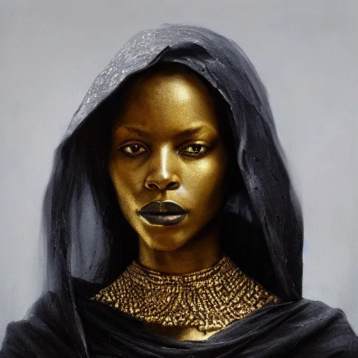 Image similar to a portrait of a young black woman wearing a long dark cloak, hood and shadows covering face, holding golden chains, oil painting, matte painting, black background, Volumetric Golden dappled dynamic lighting, Highly Detailed, Cinematic Lighting, Unreal Engine, 8k, HD, by Beksinski