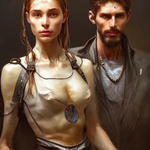 Image similar to portrait painting of a futuristic rugged male and female stood next to each other, colonisation, model pose, ultra realistic, concept art, intricate details, eerie, highly detailed, photorealistic, octane render, 8 k, unreal engine. art by artgerm and greg rutkowski and alphonse mucha