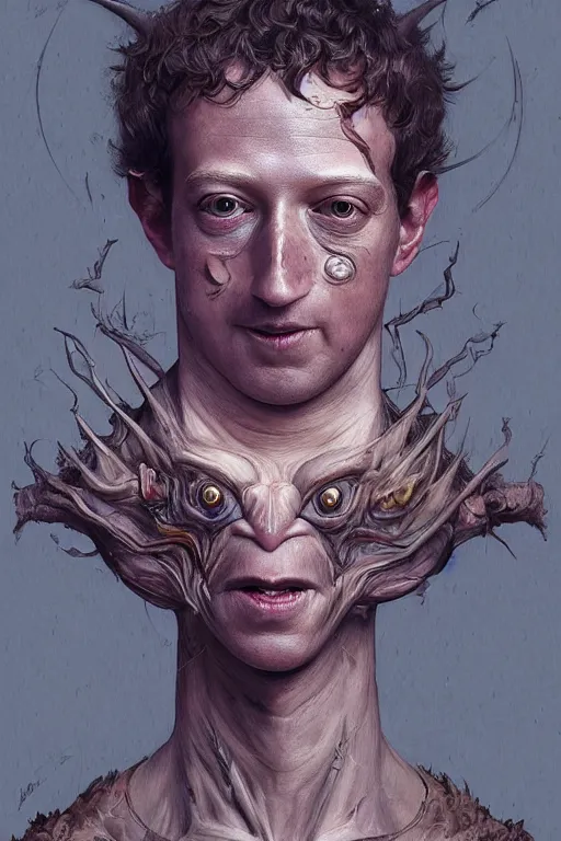 Image similar to portrait of mark zuckerberg as a pathetic goblinoid hobgoblin demon unseelie, upper body, fantasy, intricate, elegant, highly detailed, digital painting, artstation, concept art, sharp focus, illustration, art by artgerm and greg rutkowski and alphonse mucha