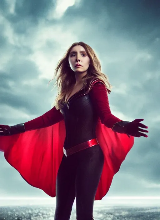 Prompt: full body photography of elizabeth olsen as the scarlet witch [ wearing a black emo suit ]!! [ floating in the sky, emanating black magic from her hands ]!!, 4 k photorealism, 4 k quality, trending on unsplash