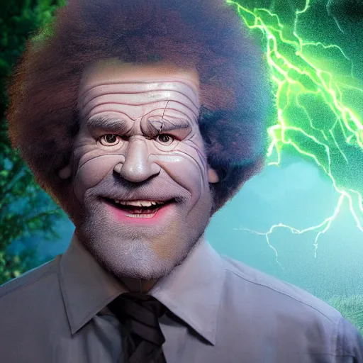 Image similar to full body portrait , photomanipulation of BOB ROSS as hulk with human flesh, marvel, fully detailed, volumetric lightening, octane render, 8k, masterpiece, epic composition, sharp focus