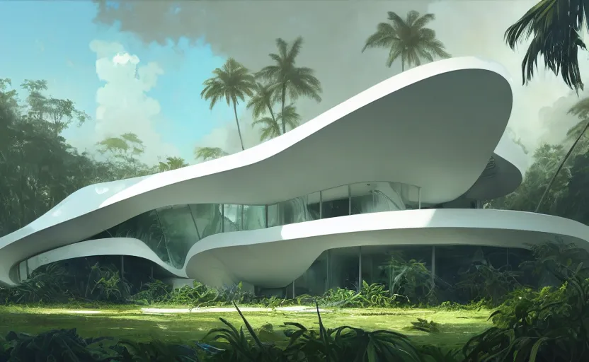 Prompt: painting of a wide angle exterior shot of a white modern architecture in the middle of a tropical forest with cinematic lighting by zaha hadid and renzo piano, darek zabrocki and greg ruthkowski, alphonse mucha, simon stalenhag and cinematic and blue cold atmospheric, archillect concept art, artstation, trending on artstation