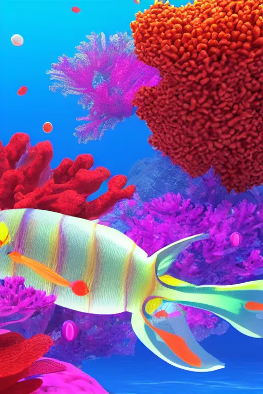 Image similar to a beautiful and colorful fish transparent swimming through a coral in the ocean, render in cinema 4 d