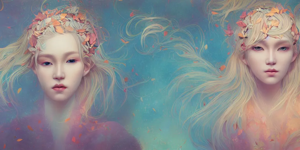 Image similar to breathtaking detailed concept art painting pattern pastel colors of blonde hair faces goddesses amalgamation autumn leaves, by hsiao - ron cheng, bizarre compositions, exquisite detail, 8 k