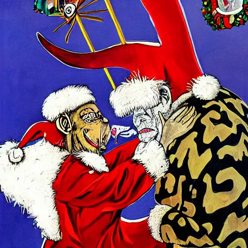 Image similar to a detailed painting of rameses ii slapping santa claus by gerald scarfe and ralph steadman