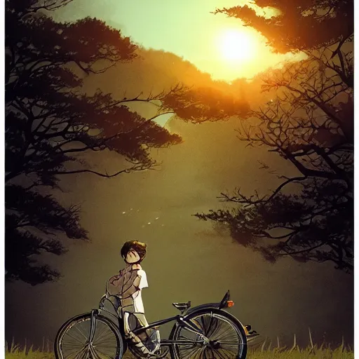 Image similar to a boy riding his bike through the plains of rural japan, high intricate details, rule of thirds, golden ratio, cinematic light, anime style, graphic novel by fiona staples and dustin nguyen, by beaststars and orange, peter elson, alan bean, studio ghibli, makoto shinkai