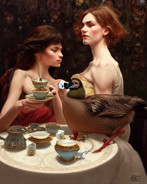 Image similar to Portrait of Anya Anasova & a mallard & a pig having tea at the Ritz, real life skin, intricate, elegant, highly detailed, artstation, concept art, smooth, sharp focus, art by artgerm and greg rutkowski and alphonse mucha