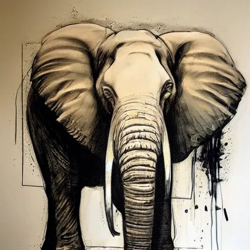 Prompt: portrait of a massive elephant with very long tusks, artwork by guy denning and charlie bowater,