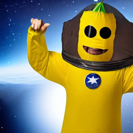 Image similar to man floating in space wearing a banana costume