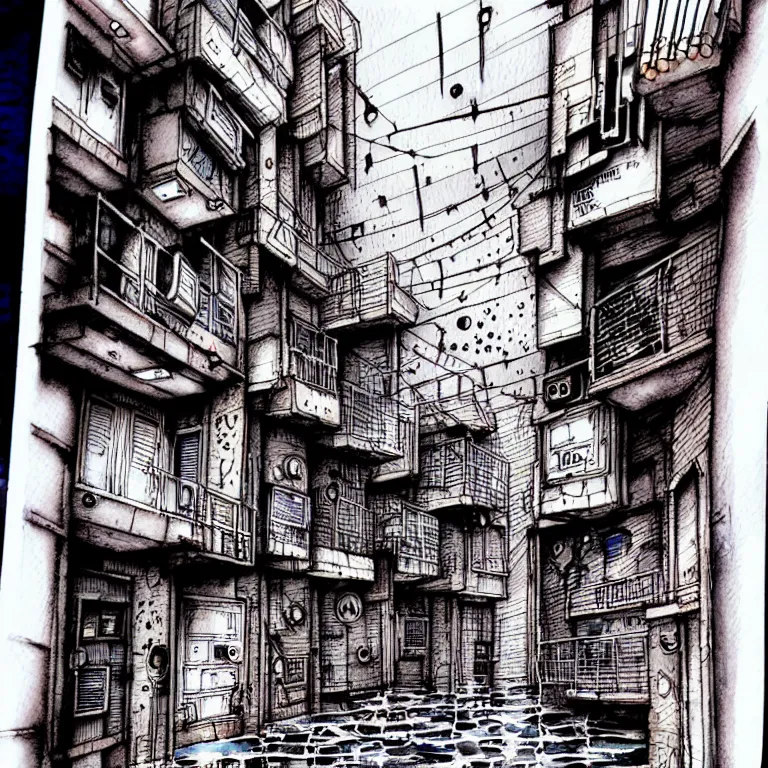 Image similar to an absurdly-detailed cyberpunk alleyway watercolor-calligraphy-pen drawing. Sea-life in a submerged-city.