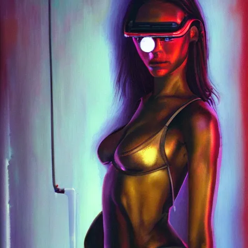 Prompt: hyperrealism oil painting portrait of cyberpunk cyborg fashion model with glowing eyes