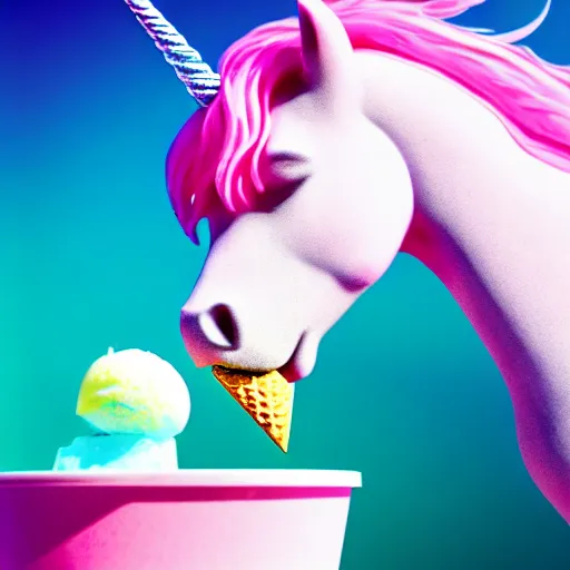 Image similar to an ultra high definition pastel coloured photograph of a real life unicorn eating and ice cream. refraction, volumetric lighting iridescence.