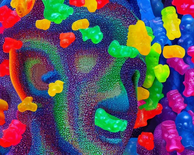 Prompt: a giant sculpture made out of of gummy bears in a human head shape, on the surface of the ocean, in the style of chad knight, long shot, hyper detailed, hyper realistic, ray tracing, 8 k resolution, sharp focus, realistic water, award winning sculpture