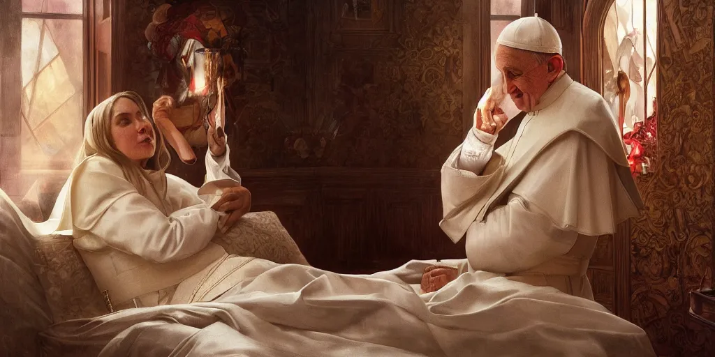 Image similar to photography of a pope making touching a sensual woman in a bedroom, deep focus, intricate, elegant, highly detailed, digital painting, artstation, concept art, matte, sharp focus, illustration, art by artgerm and greg rutkowski and alphonse mucha