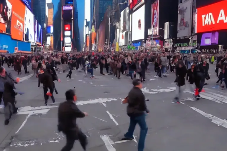 Prompt: android cannibals attacking people in times square security camera footage