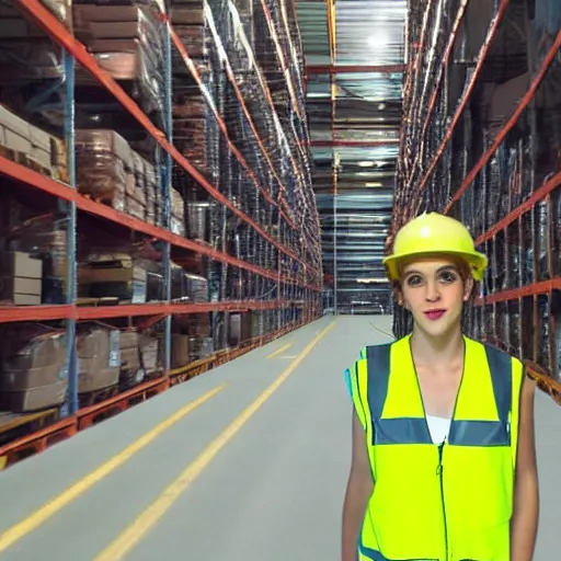 Image similar to photo, extreme far shot, emma watson in a hi vis vest, in warehouse, android cameraphone, 2 6 mm,