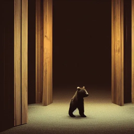 Image similar to dark photograph of a small bear mascot with a spotlight focused on him walking through a large wooden doorway