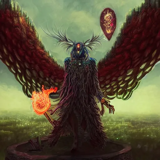 Image similar to 8K headshot Portrait of centered chest up of a psychedelic godlike mothman with giant mandala wings smoking a hand-rolled cigarette smoking heavily , magic mushroom village in background , post-processing , award winning. superb resolution. in the art style of Tony Takezaki and Greg Rutkowski . Detailed Mushroom city in background. Hyper realistic anime. Perfect art. Dalle2