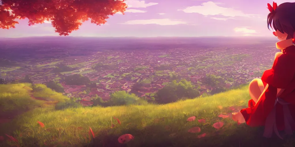 Image similar to reimu sitting on a hill off to the side looking down upon danish town, during dawn, cinematic, very warm colors, intense shadows, anime illustration, anime screenshot composite background