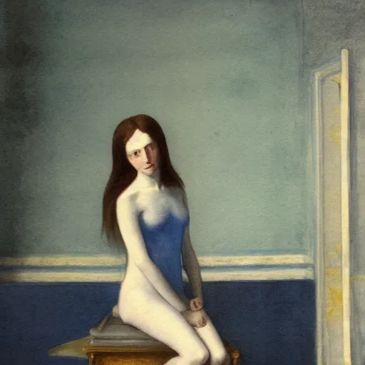 Image similar to close up of a girl in a blue and gold haunted liminal abandoned room, watercolor by canova, by hammershøi, art noveau, highly detailed, lights by edward hopper, liminal, eerie, bright pastel colors