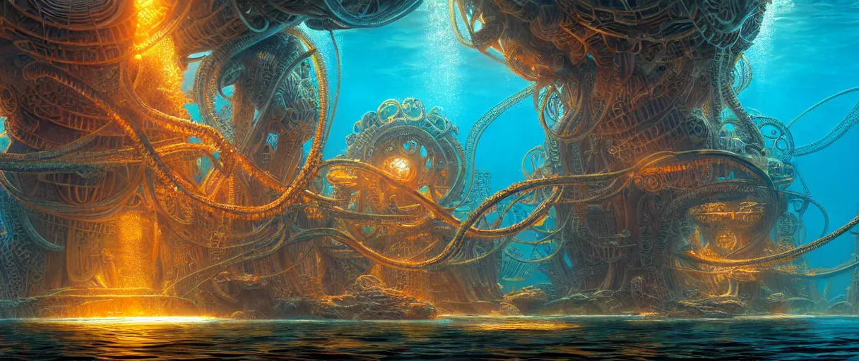 Image similar to hyperrealistic ornate underwater borg city of atlantis on giant orange and yellow cyborg tentacles matte painting concept art alex grey hajime sorayama cinematic soft red lighting low angle hd 8k sharp shallow depth of field