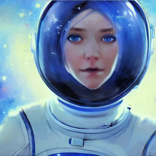 Image similar to portrait of a blue-eyed girl with white hair in a space suit against the background of space, painting by Craig Mullins, octane rendering, soft morning lighting, wide angle lens, in the style of Hayao Miyazaki, trending on artstation,