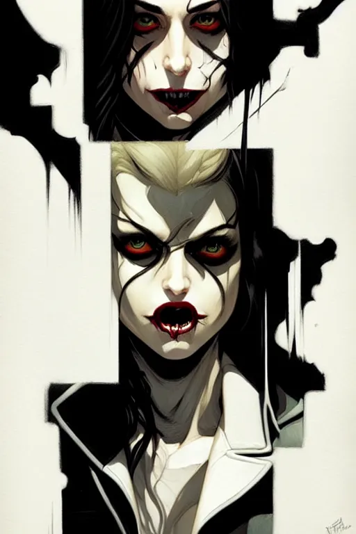 Image similar to rafael albuquerque comic art, peter mohrbacher, phil noto, steve niles, artgerm, pretty willa holland vampire sharp vampire teeth open mouth, symmetrical eyes, black leather jacket, jeans, long black hair